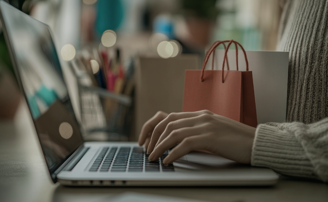 Hands typing on a laptop next to shopping bags – symbolizing personalized online shopping and data-driven e-commerce innovation