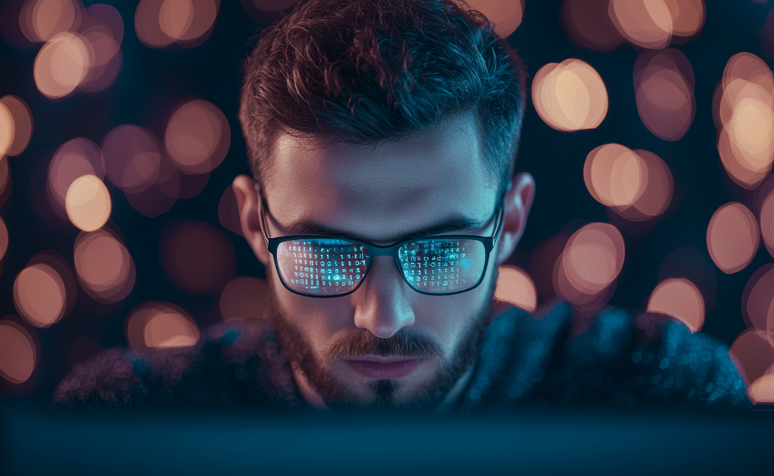 Man focused on a screen with binary code reflected in his glasses, symbolizing real-time data analysis, IT performance, and live system integration.