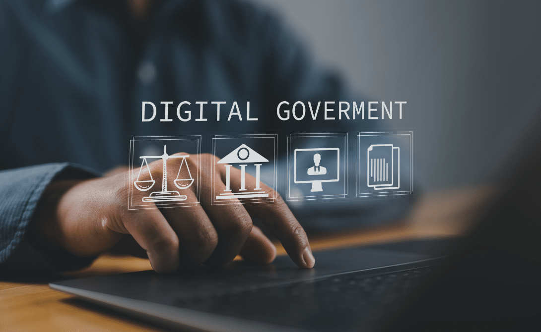 Hand interacting with a virtual interface labeled "Digital Government" -symbolizing digital sovereignty and secure public sector platforms.