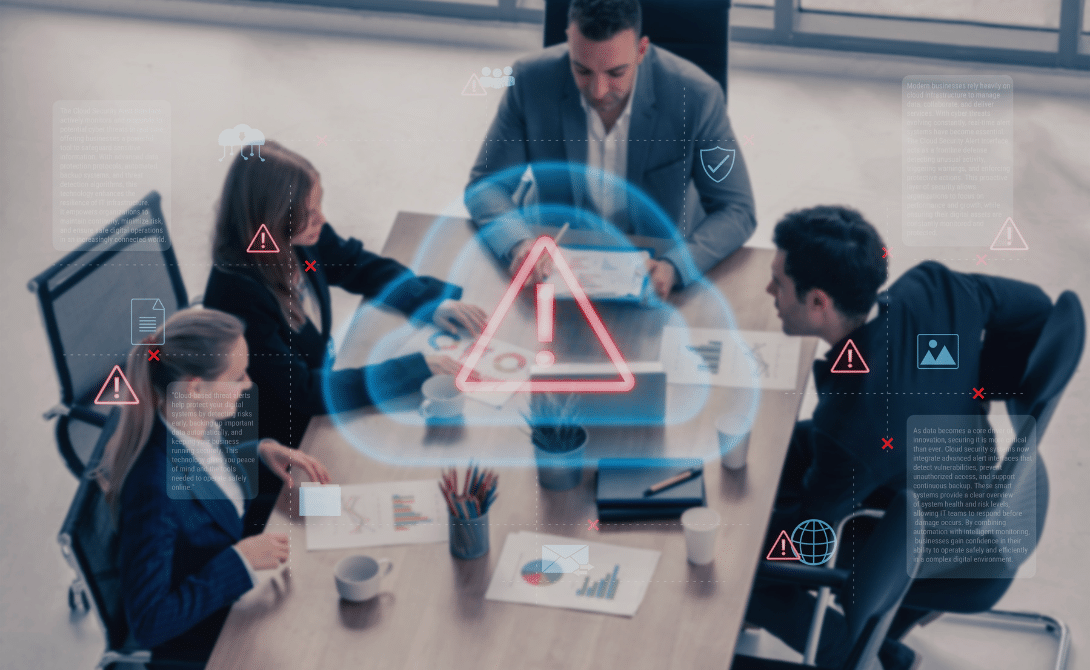 Team collaborating on cybersecurity strategy with digital interface highlighting incident detection and response mechanisms.