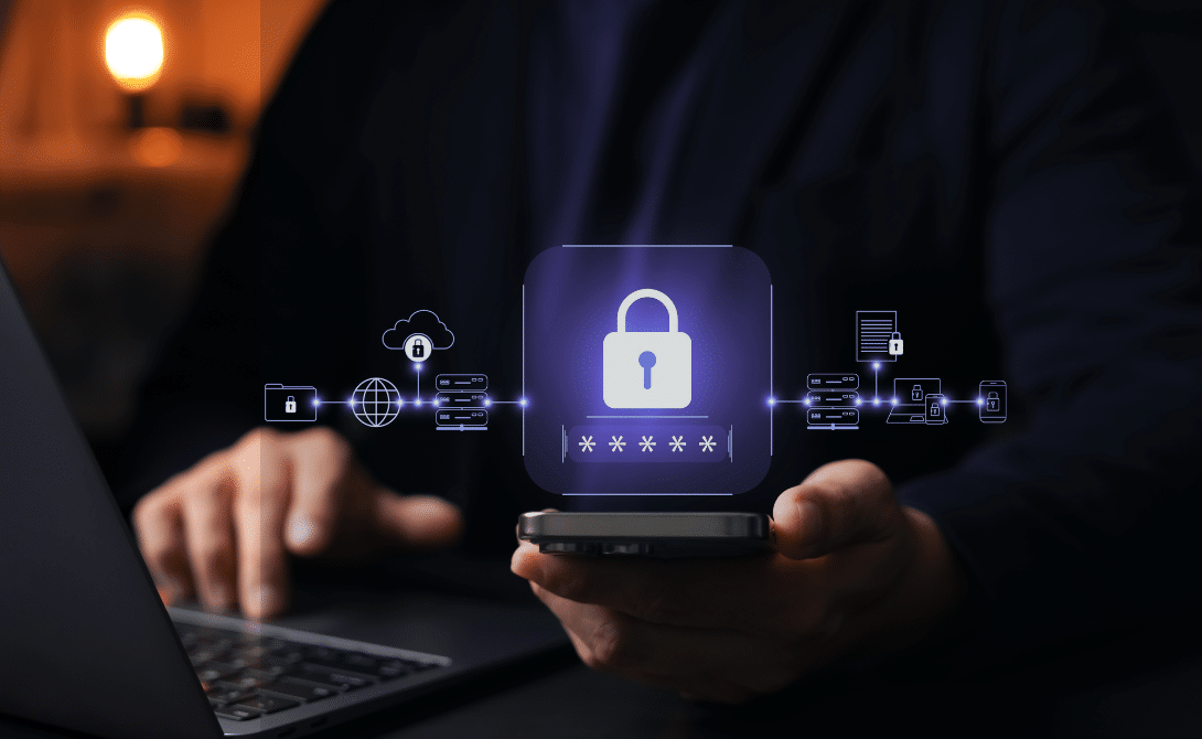 Person holding a tablet displaying a cloud and lock icon, representing sovereign cloud architecture, data security, and control plane governance.